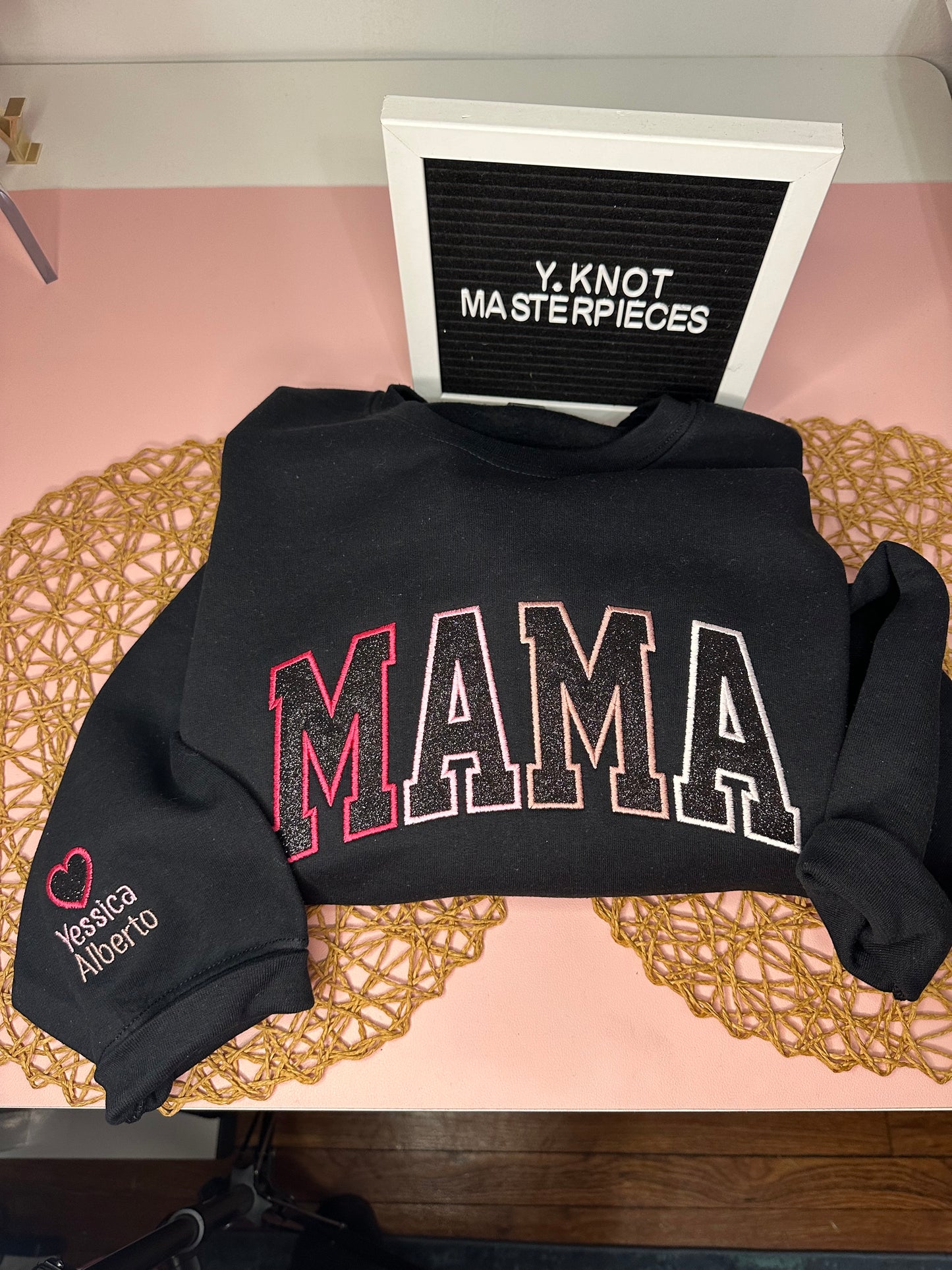 MAMA PINK OMBRE GLITTER EMBROIDERED SWEATSHIRT