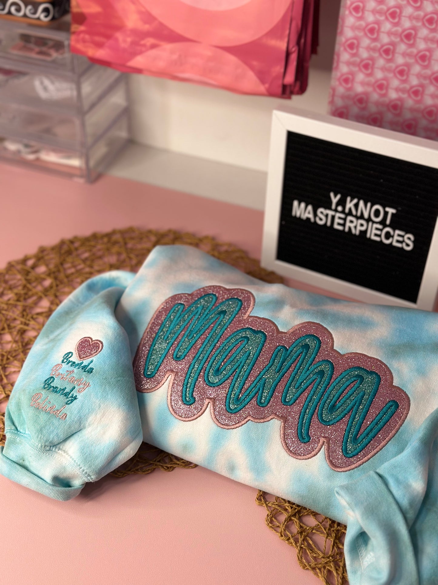 MAMA TURQUOISE & PINK GLITTER EMBROIDERED SWEATER
