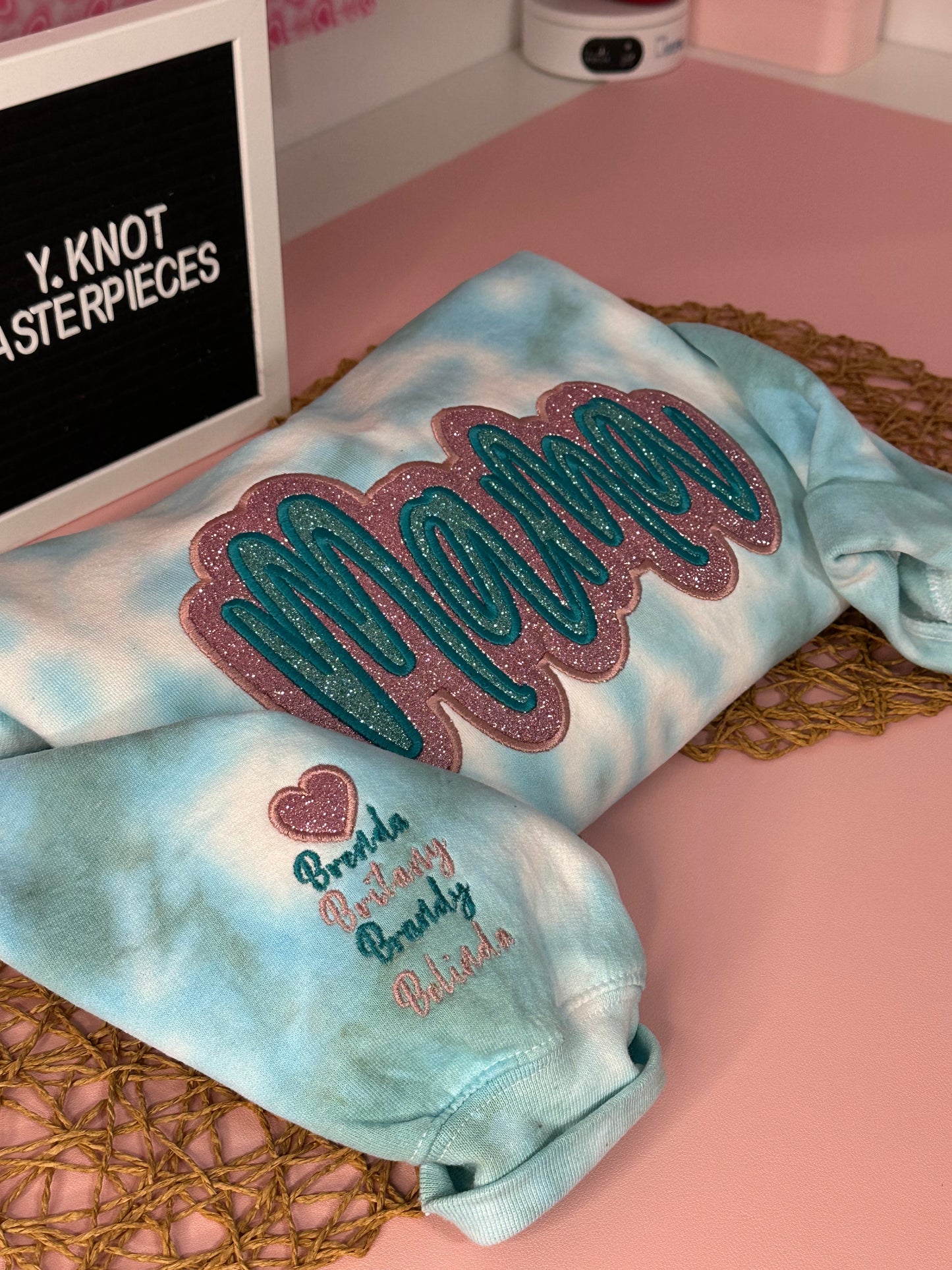 MAMA TURQUOISE & PINK GLITTER EMBROIDERED SWEATER