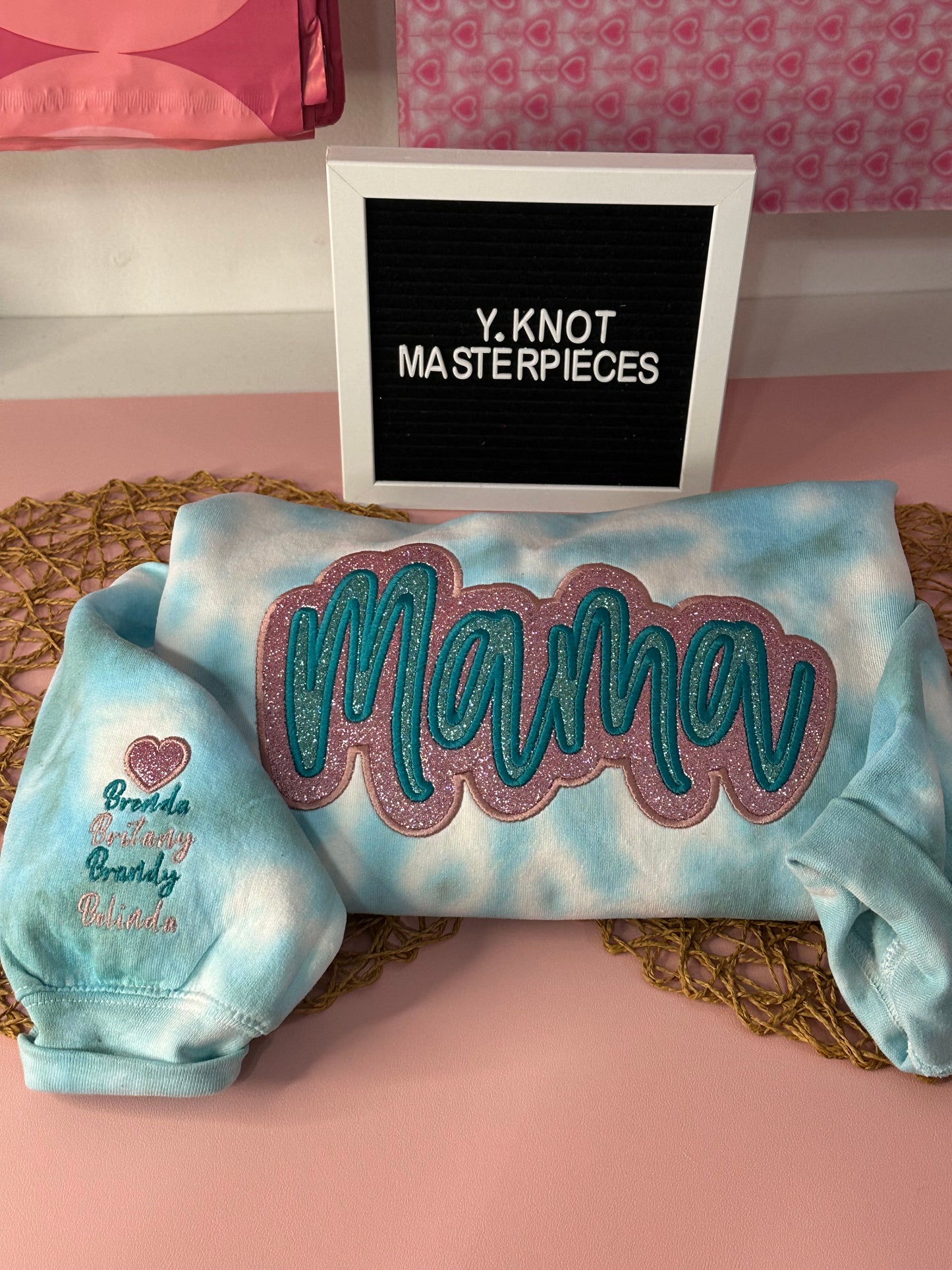MAMA TURQUOISE & PINK GLITTER EMBROIDERED SWEATER