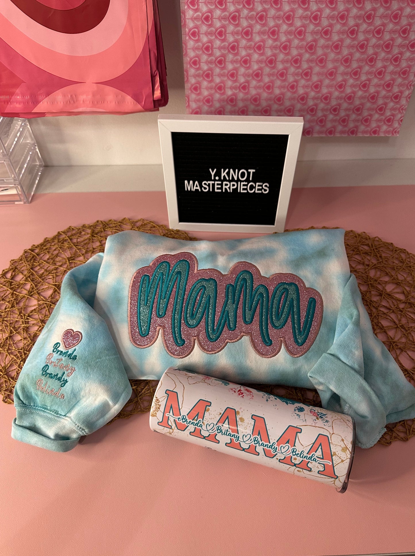 MAMA TURQUOISE & PINK GLITTER EMBROIDERED SWEATER