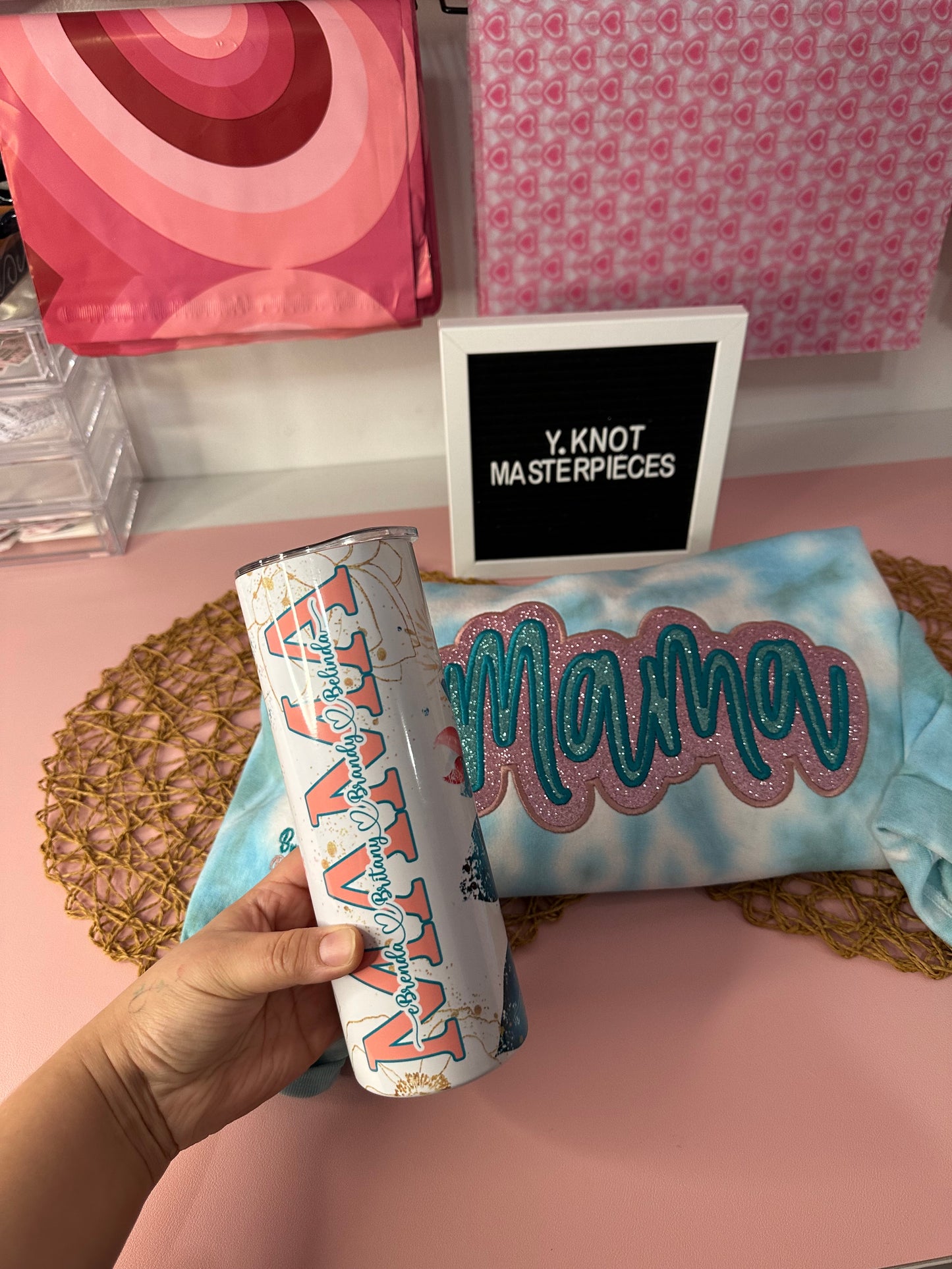 MAMA TURQUOISE & PINK GLITTER EMBROIDERED SWEATER