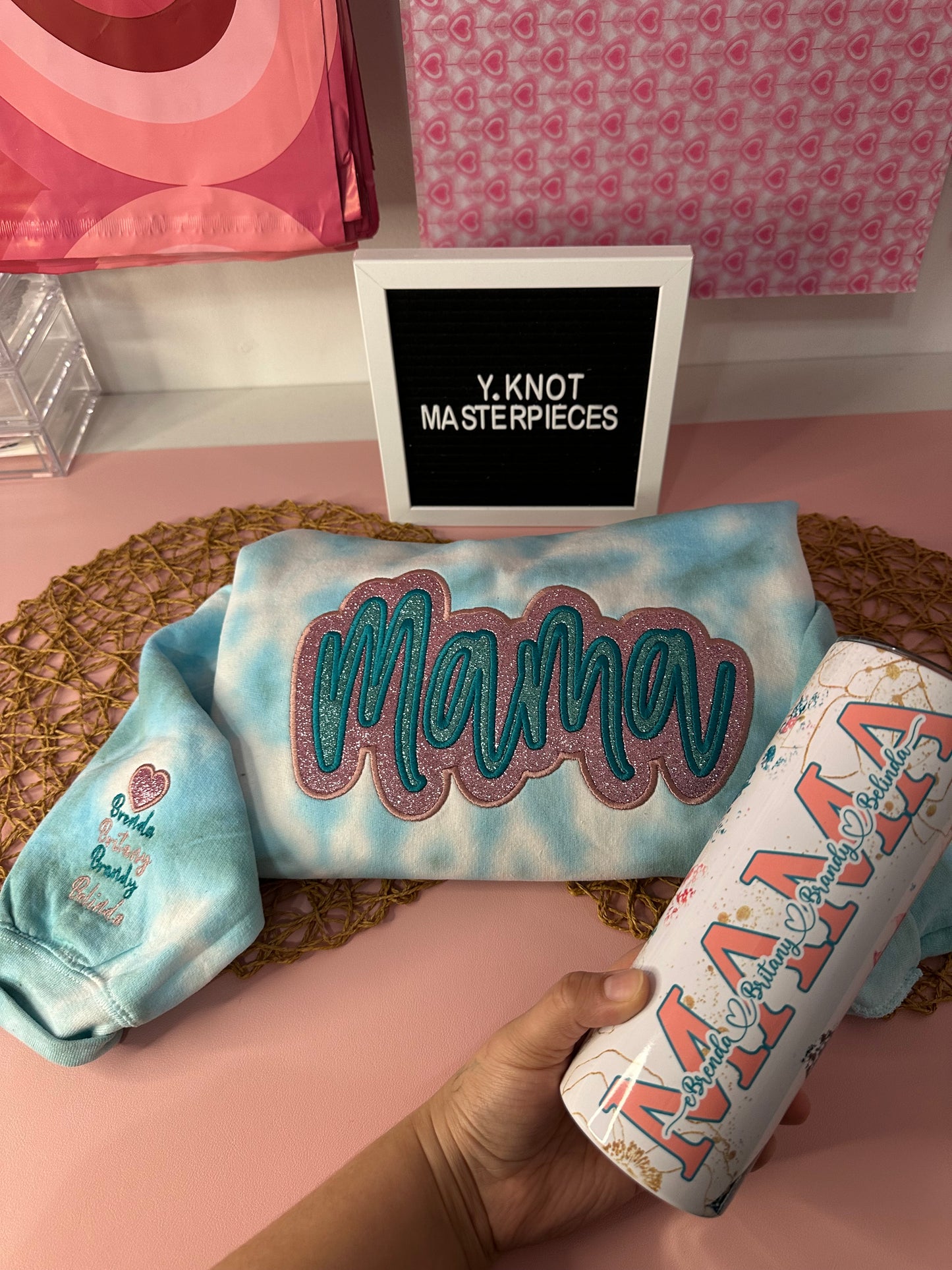 MAMA TURQUOISE & PINK GLITTER EMBROIDERED SWEATER