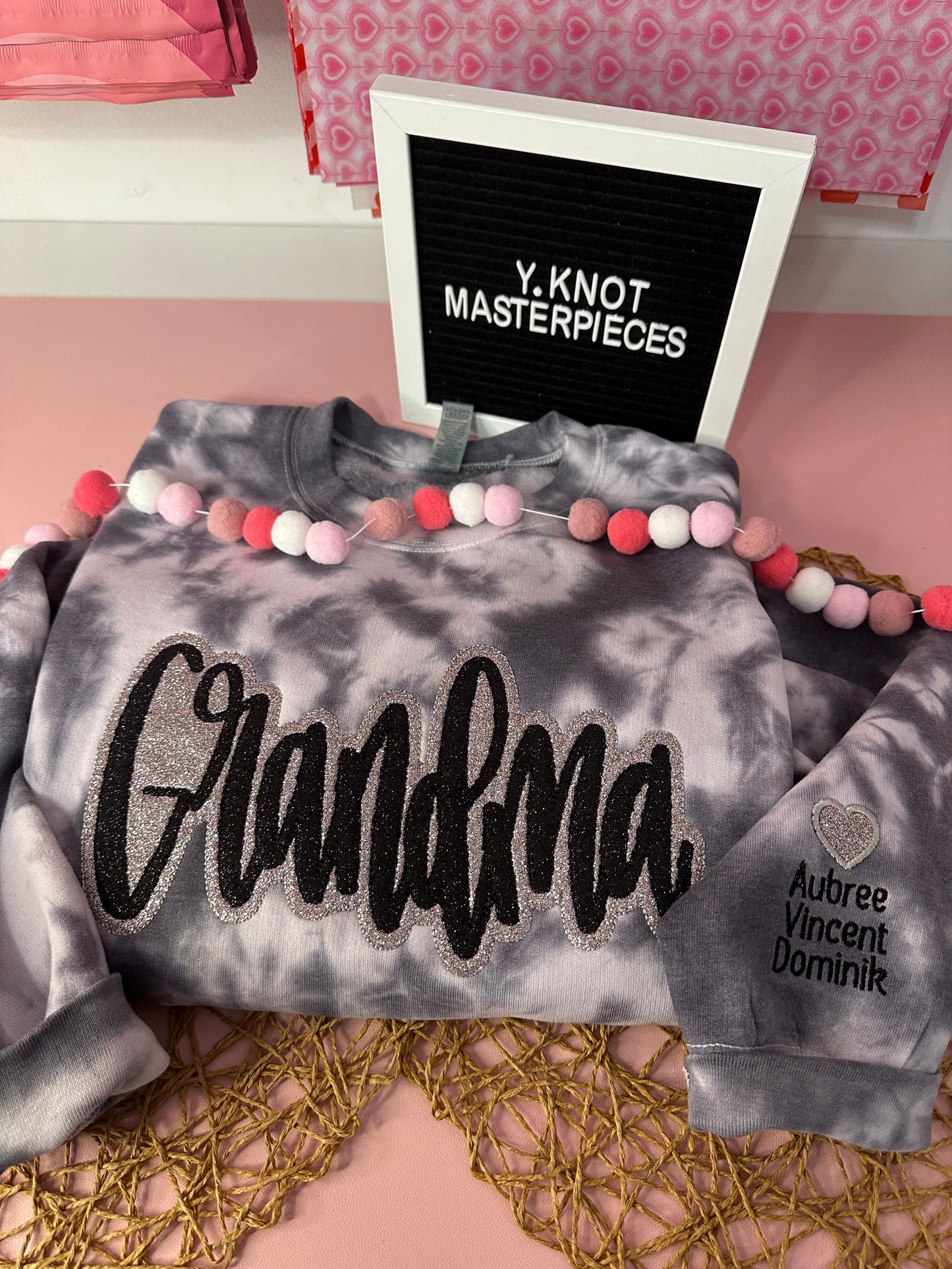 GRANDMA BLACK & GREY TIE DYE EMBROIDERED SWEATER
