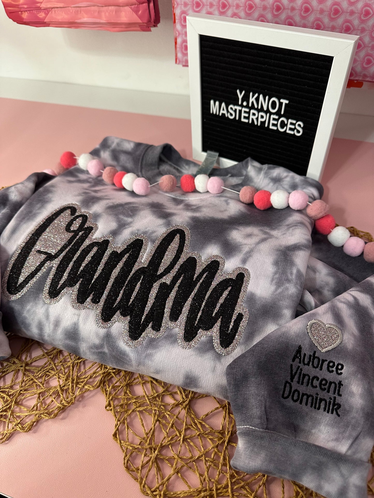 GRANDMA BLACK & GREY TIE DYE EMBROIDERED SWEATER