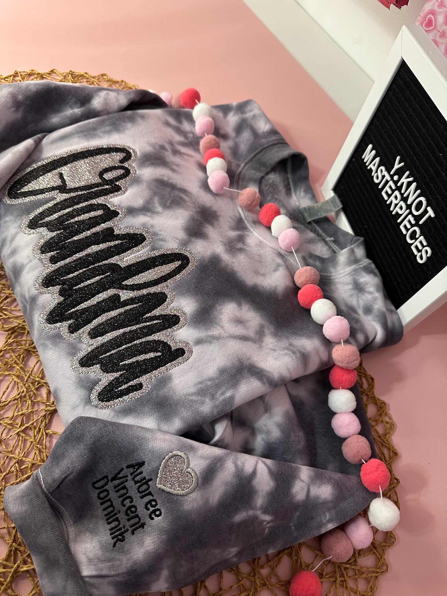 GRANDMA BLACK & GREY TIE DYE EMBROIDERED SWEATER