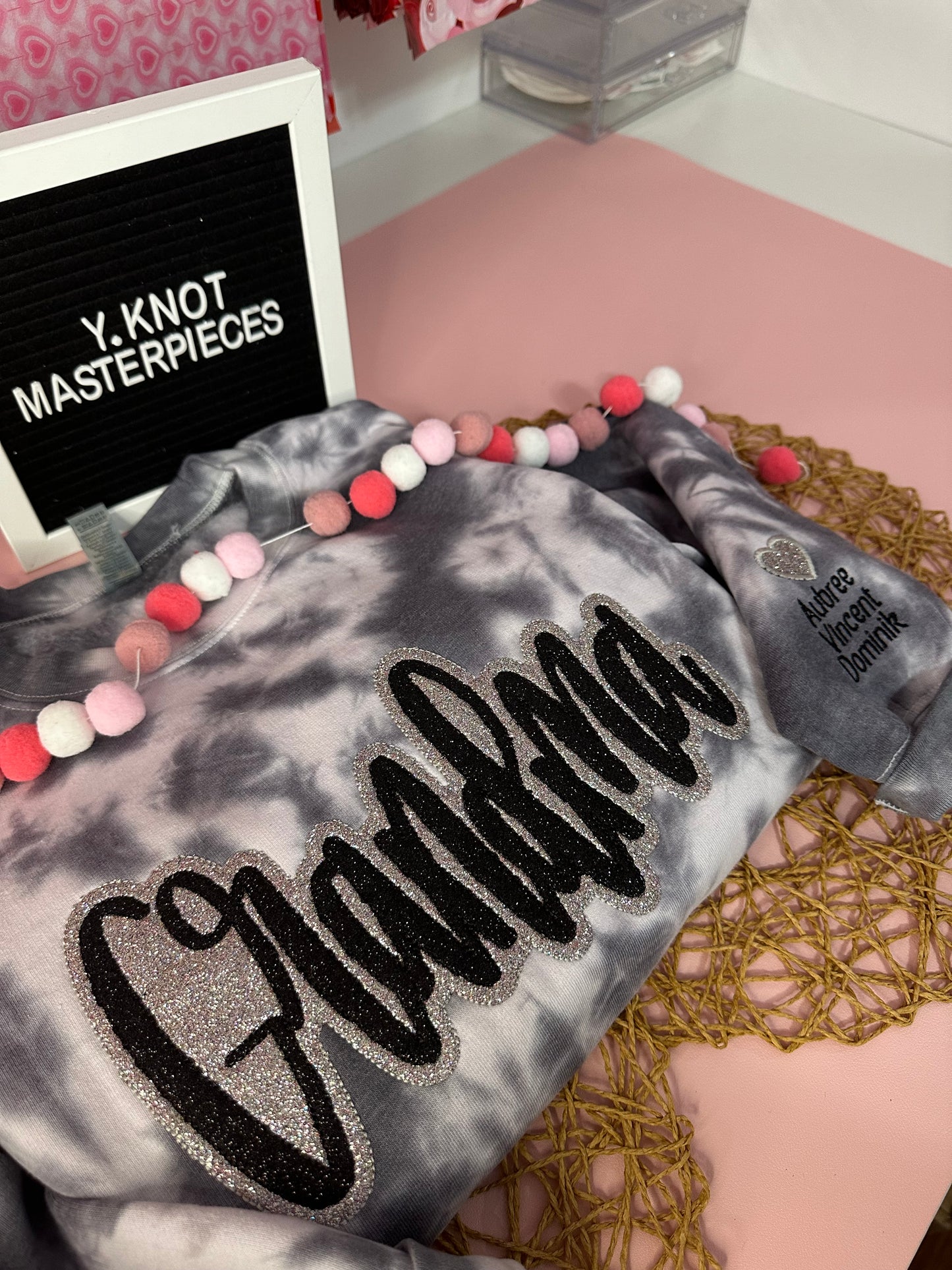 GRANDMA BLACK & GREY TIE DYE EMBROIDERED SWEATER