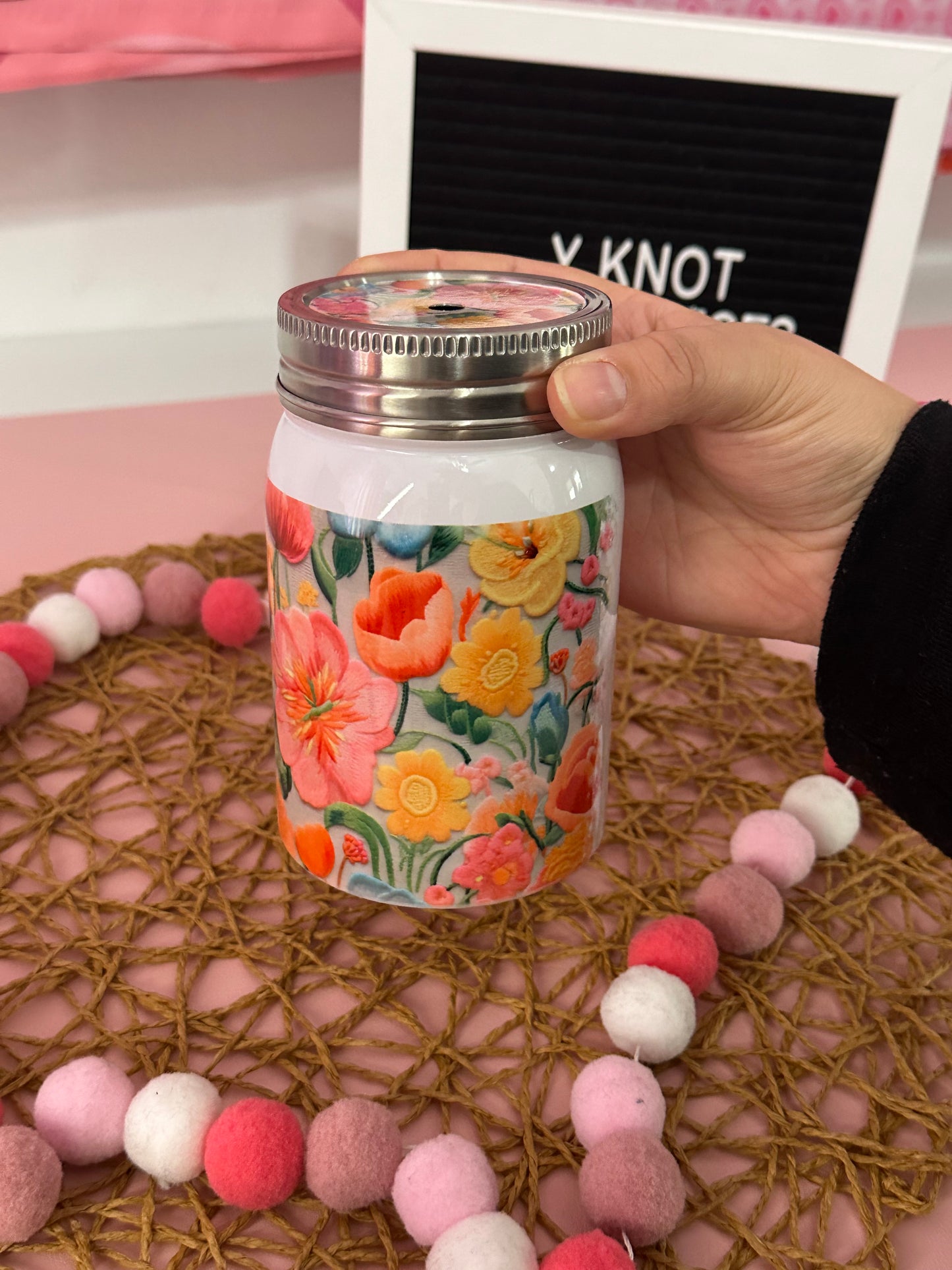 FLORAL CUSTOM NAME MASON JAR