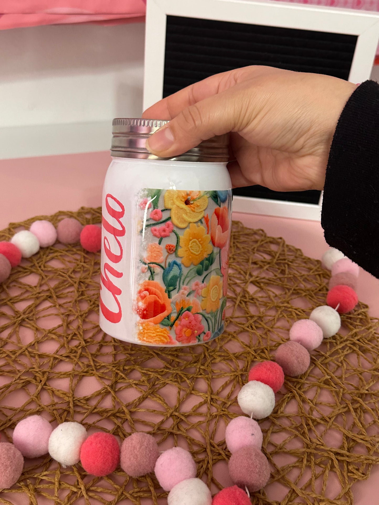 FLORAL CUSTOM NAME MASON JAR